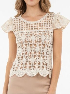 Bishop + Young Ivory 100% Cotton Crochet Eyelet Flutter Sleeve Crop Top XXS